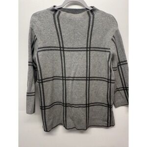 NEW J. Jill Sweater Small Windowpane Plaid Mock Neck 3/4 Sleeve Sweater Gray #43